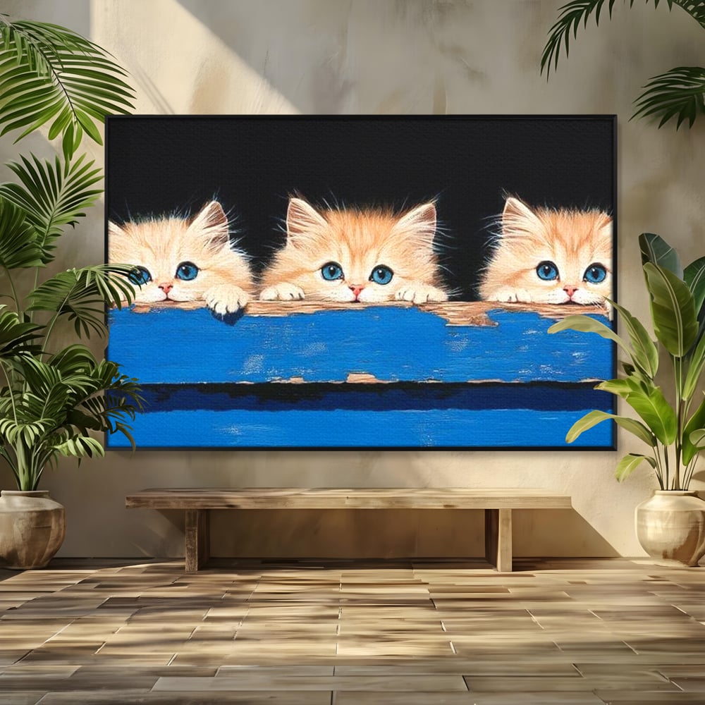 Tablou canvas cu ilustratie digitala cu trei pisicute, in rama de aluminiu negru